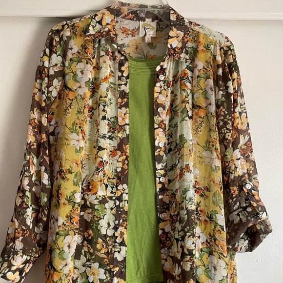 Anthro Fig & Flower Fall Floral Tab Sleeve Button Down Tunic Blouse S Semi Sheer - Picture 12 of 13